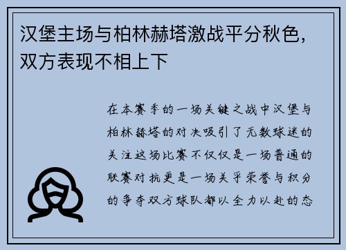 汉堡主场与柏林赫塔激战平分秋色，双方表现不相上下