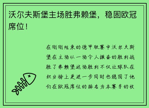 沃尔夫斯堡主场胜弗赖堡，稳固欧冠席位！